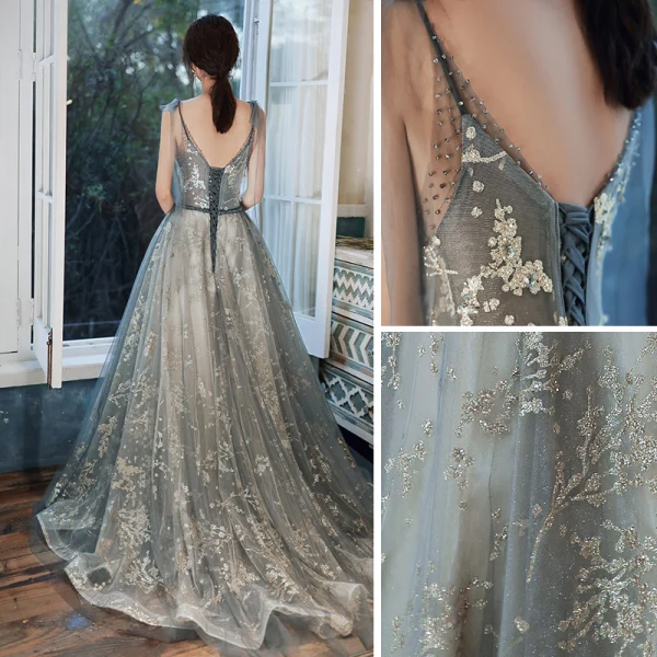 Charmant Robe De Soirée 2020 Princesse V-Cou Glitter Perlage Faux Diamant Paillettes Sans Manches Dos Nu Train De Balayage Robe De Ceremonie