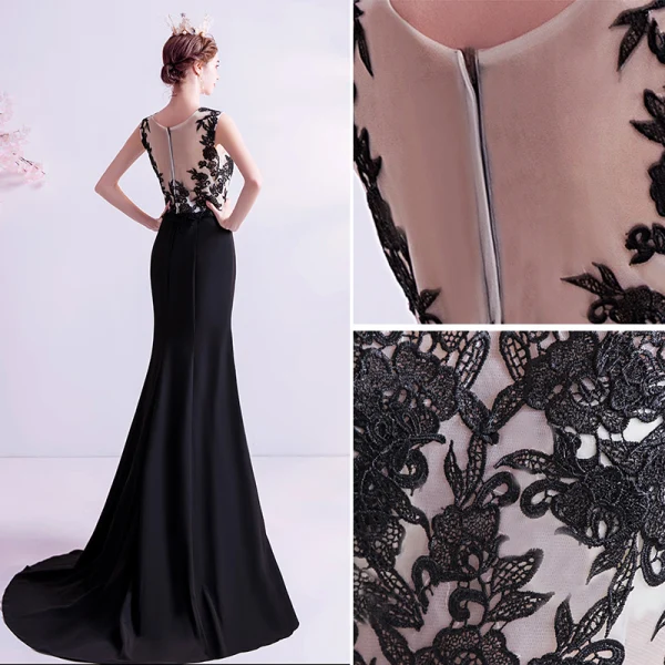 Elegant Black Evening Dresses 2020 Trumpet / Mermaid Scoop Neck Lace Flower Sleeveless Sweep Train Formal Dresses
