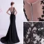 Elegant Black Evening Dresses  2020 Trumpet / Mermaid Scoop Neck Lace Flower Sleeveless Sweep Train Formal Dresses