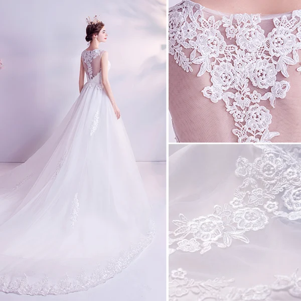 Abordable Ivoire Robe De Mariée 2020 Princesse Encolure Dégagée En Dentelle Fleur Sans Manches Chapel Train