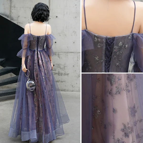 Charming Purple Evening Dresses  2020 Ball Gown A-Line / Princess Spaghetti Straps Beading Lace Sequins Flower Short Sleeve Backless Floor-Length / Long Formal Dresses