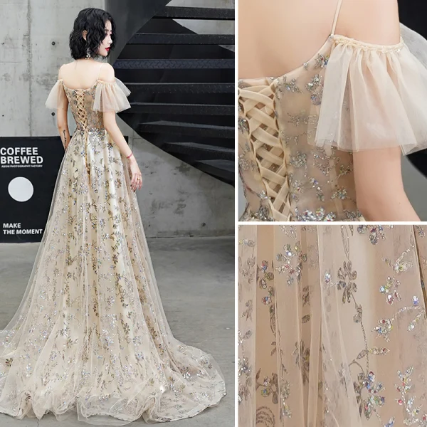 Charming Champagne Evening Dresses  2020 A-Line / Princess Spaghetti Straps Sequins Lace Flower Short Sleeve Backless Sweep Train Formal Dresses