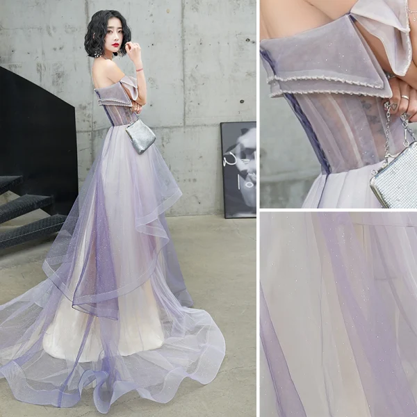 Charmant Violet Glitter Robe De Soirée 2020 Princesse De l'épaule Perlage En Dentelle Fleur Manches Courtes Dos Nu Train De Balayage Robe De Ceremonie