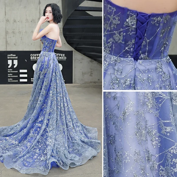 Glitzernden Meeresblau Abendkleider 2020 A Linie Bandeau Glanz Perlenstickerei Pailletten Ärmellos Rückenfreies Hof-Schleppe Festliche Kleider