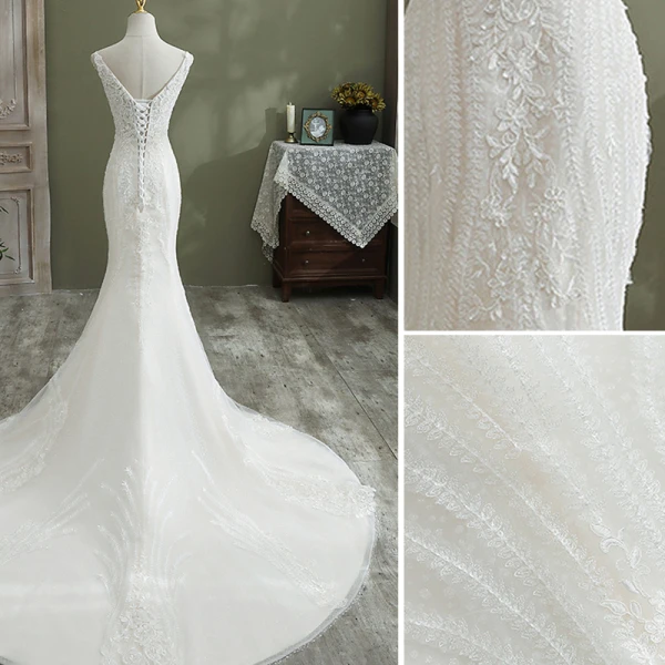 Charming Ivory Wedding Dresses 2021 Trumpet / Mermaid V-Neck Beading Pearl Sequins Lace Flower Sleeveless Backless Court Train Wedding