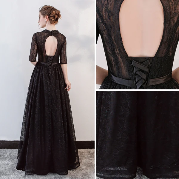 Modern / Fashion Black Evening Dresses  2018 A-Line / Princess Beading Bow Lace V-Neck Backless Pierced 1/2 Sleeves Floor-Length / Long Formal Dresses