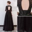 Modern / Fashion Black Evening Dresses  2018 A-Line / Princess Beading Bow Lace V-Neck Backless Pierced 1/2 Sleeves Floor-Length / Long Formal Dresses