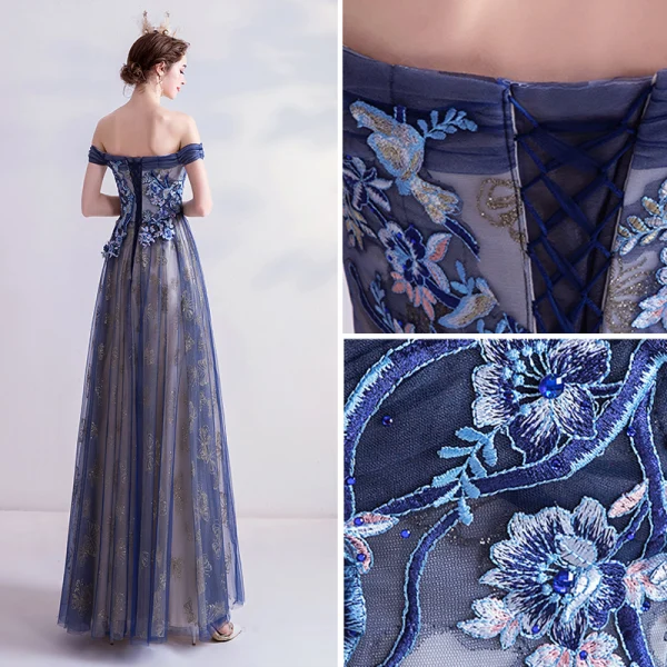 Élégant Bleu Marine Robe De Soirée 2020 Princesse Glitter De l'épaule Perlage En Dentelle Fleur Sans Manches Dos Nu Longue Robe De Ceremonie