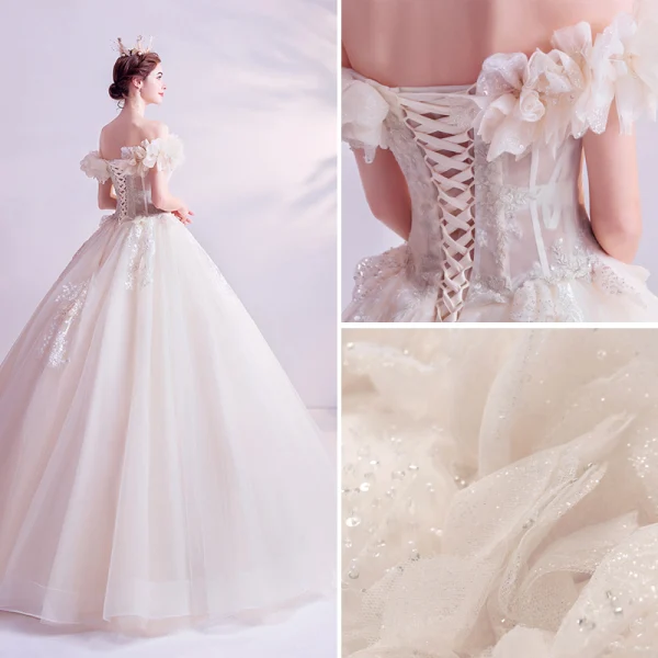 Charmant Ivoire Robe De Mariée 2020 Robe Boule De l'épaule Glitter Perlage Paillettes En Dentelle Fleur Appliques Manches Courtes Dos Nu Longue