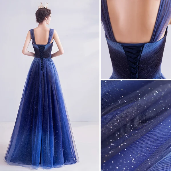Elegant Ocean Blue Glitter Evening Dresses  2020 A-Line / Princess Spaghetti Straps Sleeveless Backless Floor-Length / Long Formal Dresses