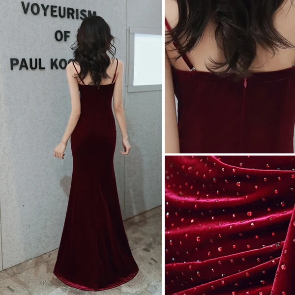 Mooie / Prachtige Bordeaux Suede Avondjurken 2020 Trompet / Zeemeermin Spaghettibandjes Rhinestone Mouwloos Ruglooze Lange Gelegenheid Jurken