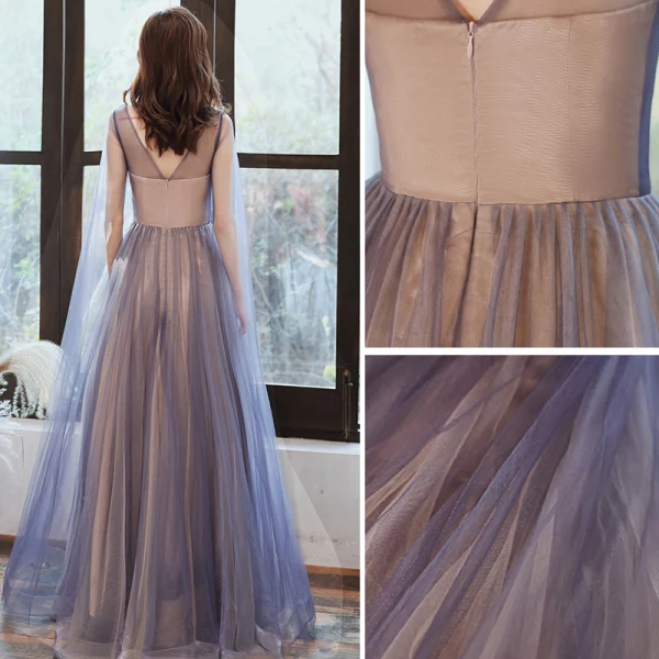 Elegant Ocean Blue Evening Dresses 2020 A-Line / Princess Scoop Neck Appliques Lace Flower Beading Sequins Sleeveless Backless Floor-Length / Long Formal Dresses