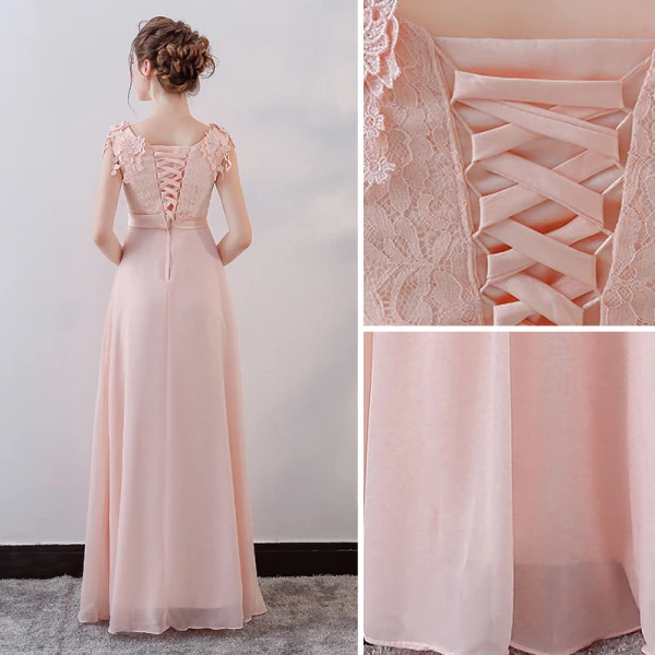 Elegant Pearl Pink Evening Dresses  2018 Empire Lace Appliques Crystal Sash Scoop Neck Backless Sleeveless Floor-Length / Long Formal Dresses