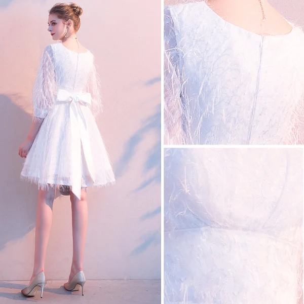 Elegante Ivory / Creme Heimkehr Quaste Abiballkleider 2020 A Linie Rundhalsausschnitt 3/4 Ärmel Schleife Kurze Festliche Kleider