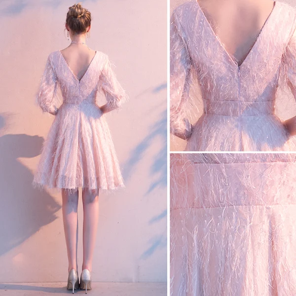 Chic / Beautiful Blushing Pink Homecoming Tassel Graduation Dresses 2020 A-Line / Princess V-Neck 1/2 Sleeves Backless Short Formal Dresses