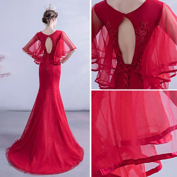 Chic / Beautiful Burgundy Evening Dresses 2020 Trumpet / Mermaid Scoop Neck Beading Sequins Lace Flower 1/2 Sleeves Backless Sweep Train Formal Dresses