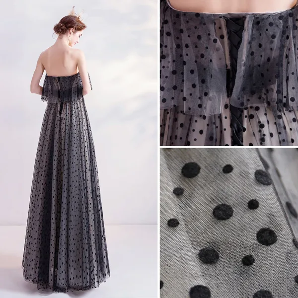 Chic / Beautiful Black Homecoming Spotted Graduation Dresses 2020 A-Line / Princess Strapless Sleeveless Backless Floor-Length / Long Formal Dresses