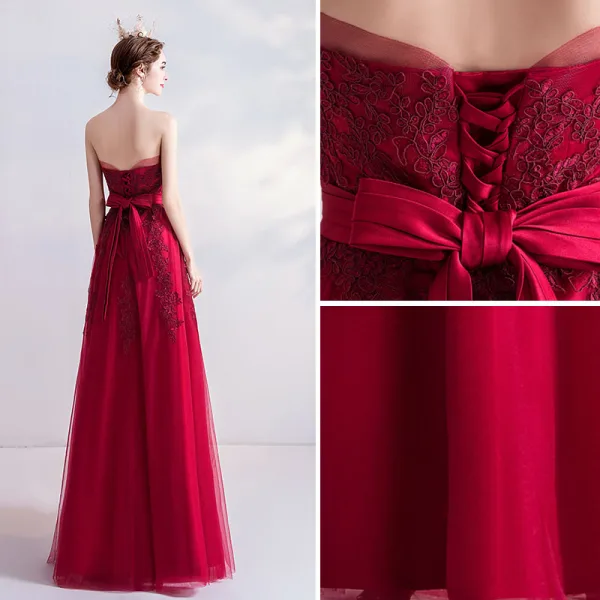 Chic Rouge Robe Demoiselle D'honneur 2020 Princesse Bustier En Dentelle Fleur Sans Manches Dos Nu Longue Robe Pour Mariage