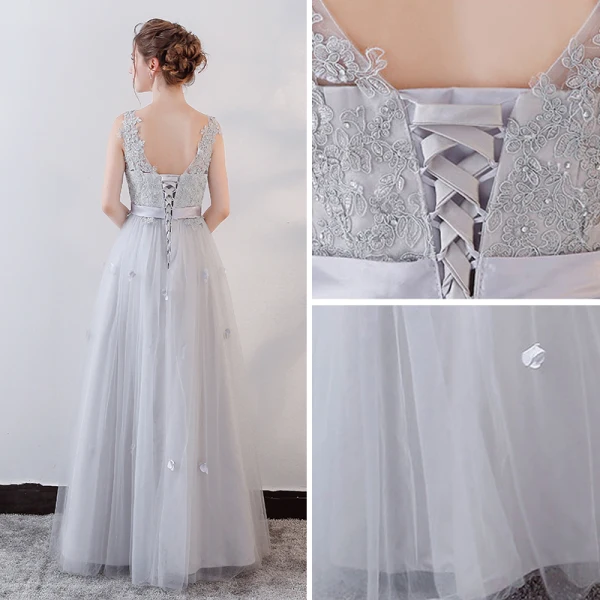 Élégant Gris Robe De Soirée 2018 Princesse Cristal En Dentelle Fleur Appliques Ceinture V-Cou Dos Nu Sans Manches Longue Robe De Ceremonie