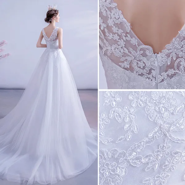 Abordable Blanche Robe De Mariée 2020 Princesse Encolure Dégagée En Dentelle Fleur Sans Manches Dos Nu Tribunal Train