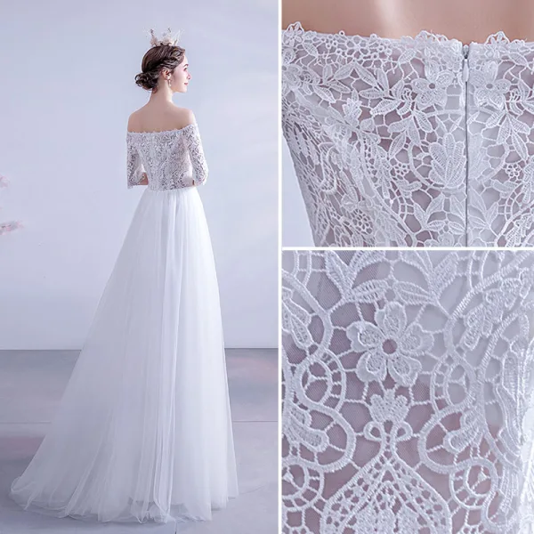 Affordable White Wedding Dresses 2020 A-Line / Princess Off-The-Shoulder Lace Flower 1/2 Sleeves Backless Floor-Length / Long Wedding