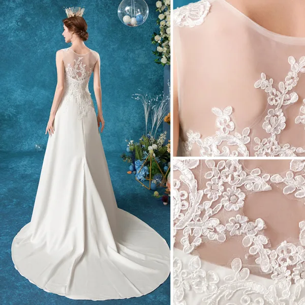 Abordable Ivoire Robe De Mariée 2020 Princesse Encolure Dégagée Perlage Cristal Perle En Dentelle Fleur Sans Manches Train De Balayage