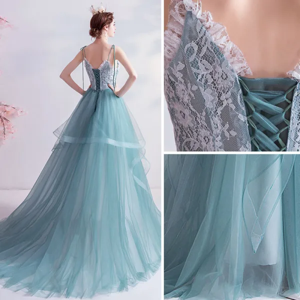 Elegancka Limonkowy Sukienki Na Bal 2020 Princessa Spaghetti Pasy Z Koronki Kwiat Bez Rękawów Bez Pleców Kaskadowe Falbany Trenem Sweep Sukienki Wizytowe