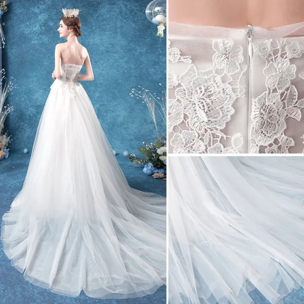 Abordable Ivoire Robe De Mariée 2020 Princesse Bustier En Dentelle Fleur Sans Manches Dos Nu Train De Balayage