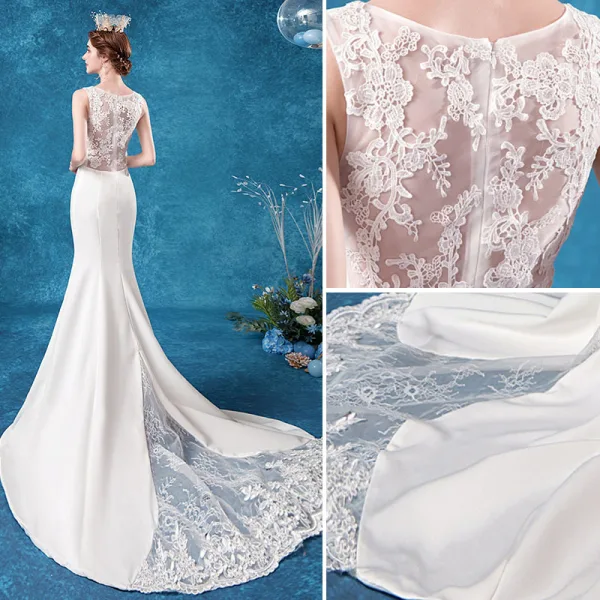 Affordable Ivory Wedding Dresses 2020 Trumpet / Mermaid Square Neckline Pierced Lace Flower Sleeveless Sweep Train