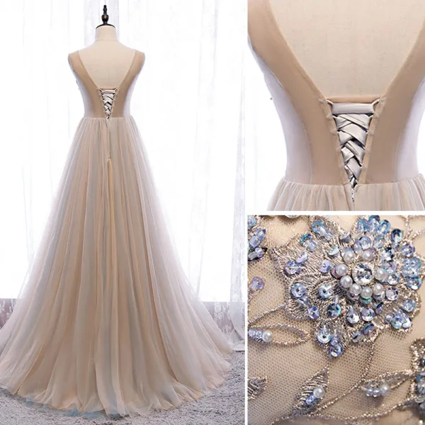 Charming Champagne Evening Dresses 2020 A-Line / Princess V-Neck Beading Pearl Rhinestone Sequins Lace Flower Sleeveless Backless Floor-Length / Long Formal Dresses