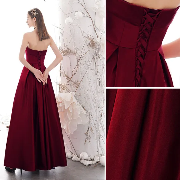 Elegant Burgundy Evening Dresses 2020 A-Line / Princess Strapless Sleeveless Backless Floor-Length / Long Formal Dresses