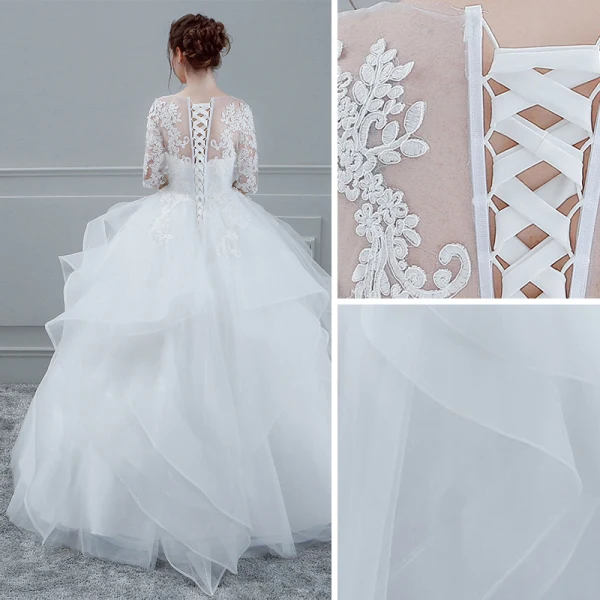 Elegant White Wedding Dresses 2018 Ball Gown Lace Flower Scoop Neck Pierced Cascading Ruffles 1/2 Sleeves Floor-Length / Long Wedding