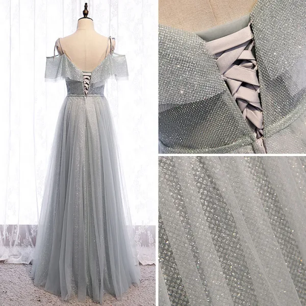 Scintillantes Argenté Gris Robe De Soirée 2020 Princesse Bretelles Spaghetti Paillettes Manches Courtes Dos Nu Longue Robe De Ceremonie