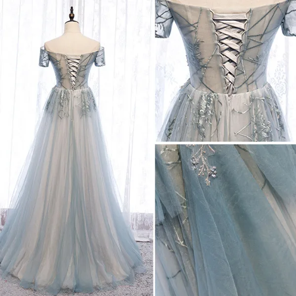 Charmant Himmelblau Abendkleider 2020 A Linie Perlenstickerei Perle Pailletten Spitze Blumen Off Shoulder Rückenfreies Lange Festliche Kleider