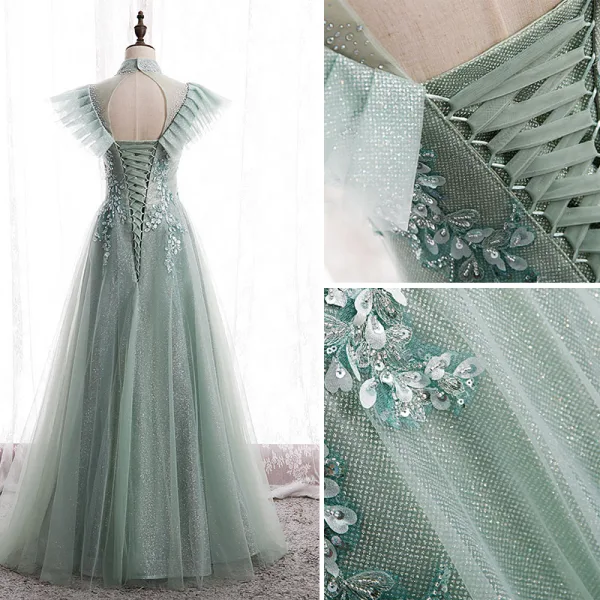 Vintage / Retro Sage Green Prom Dresses A-Line / Princess 2020 Scoop Neck Beading Rhinestone Sequins Sleeveless Backless Floor-Length / Long Formal Dresses
