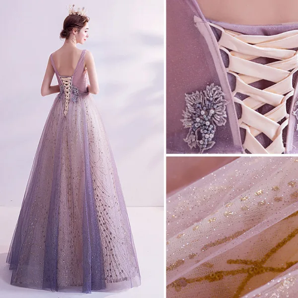 Charmant Glitter Violet Robe De Soirée 2020 Princesse V-Cou Perlage Perle En Dentelle Fleur Sans Manches Dos Nu Longue Robe De Ceremonie