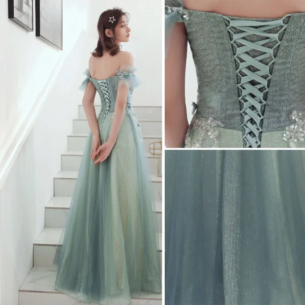 Elegant Sage Green Evening Dresses  2020 A-Line / Princess Off-The-Shoulder Beading Sequins Appliques Short Sleeve Backless Floor-Length / Long Formal Dresses
