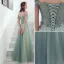 Elegant Sage Green Evening Dresses  2020 A-Line / Princess Off-The-Shoulder Beading Sequins Appliques Short Sleeve Backless Floor-Length / Long Formal Dresses