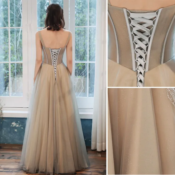 Charmant Champagne Robe De Soirée 2020 Princesse Bretelles Spaghetti Perlage En Dentelle Fleur Sans Manches Dos Nu Longue Robe De Ceremonie
