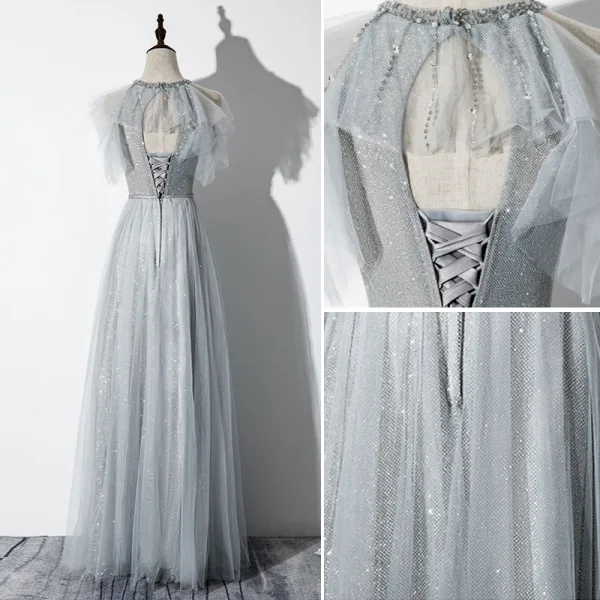Élégant Gris Robe De Soirée 2020 Princesse Encolure Dégagée Perlage Glitter Paillettes Sans Manches Dos Nu Longue Robe De Ceremonie