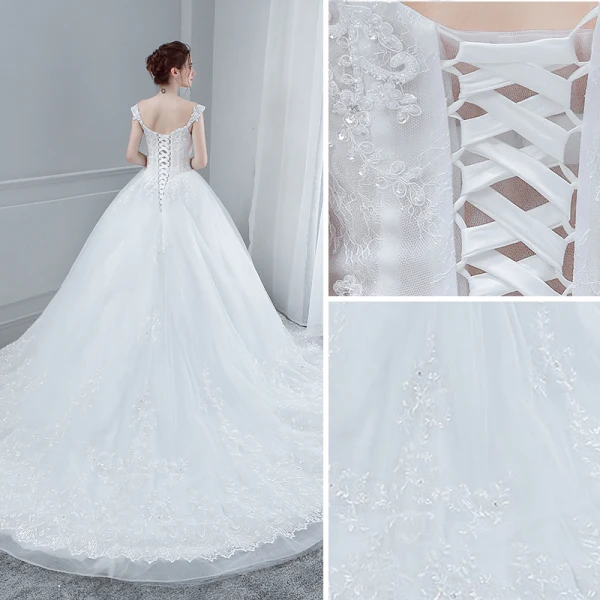 Elegant White Wedding Dresses 2018 Ball Gown Lace Flower Beading Sequins V-Neck Backless Sleeveless Chapel Train Wedding