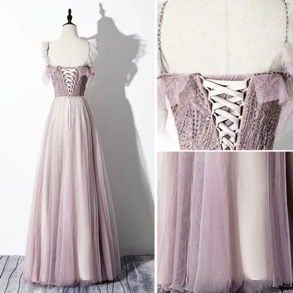 Chic / Beautiful Blushing Pink Evening Dresses  2020 A-Line / Princess V-Neck Beading Sleeveless Backless Floor-Length / Long Formal Dresses