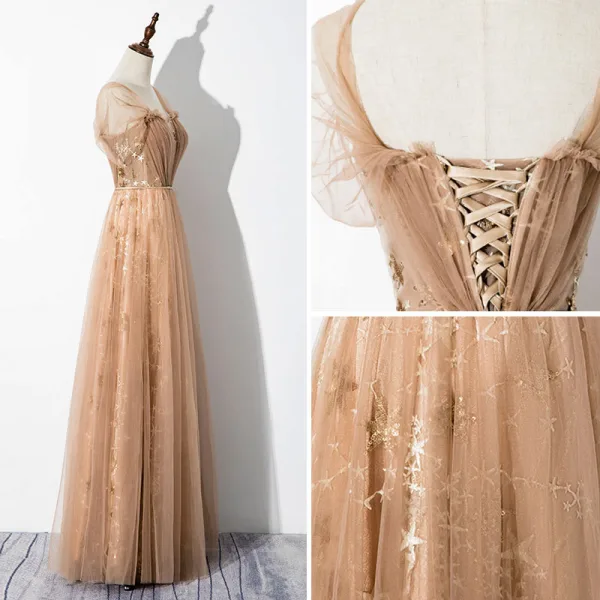Élégant Champagne Robe De Soirée 2020 Princesse Encolure Carrée Étoile En Dentelle Paillettes Manches Courtes Dos Nu Longue Robe De Ceremonie