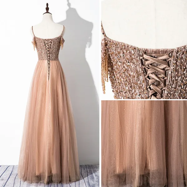 Charmant Champagne Robe De Soirée 2020 Princesse Bretelles Spaghetti Perlage Perle Paillettes Sans Manches Dos Nu Longue Robe De Ceremonie
