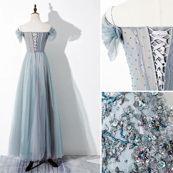 Chic / Beautiful Jade Green Evening Dresses 2020 A-Line / Princess Off-The-Shoulder Beading Sequins Lace Flower Short Sleeve Backless Floor-Length / Long Formal Dresses