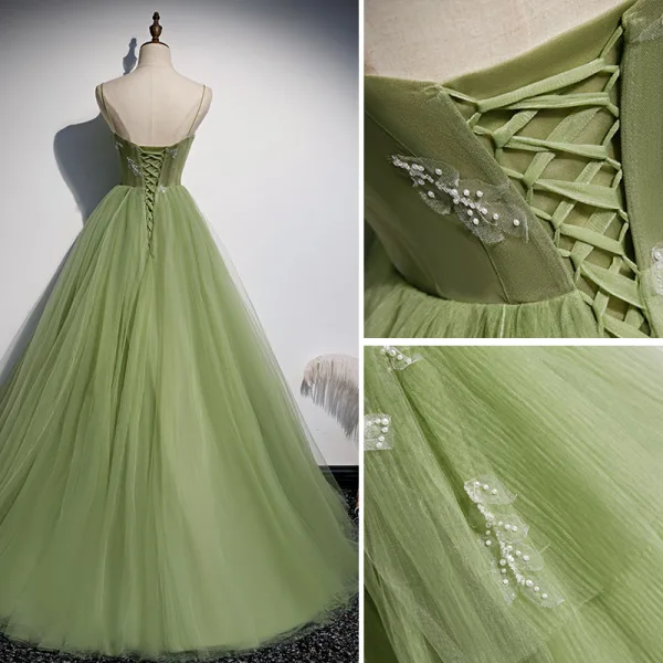 Elegant Clover Green Ruffle Prom Dresses 2020 A-Line / Princess Spaghetti Straps Pearl Sleeveless Backless Floor-Length / Long Formal Dresses
