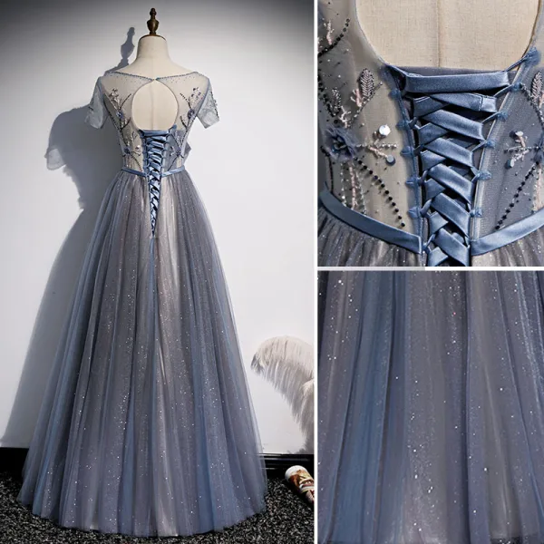 Chic / Beautiful Ocean Blue Evening Dresses 2020 A-Line / Princess Beading Lace Flower Sequins Scoop Neck Short Sleeve Backless Floor-Length / Long Formal Dresses
