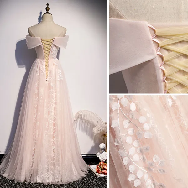 Élégant Rougissant Rose Robe De Soirée 2020 Princesse De l'épaule Perle Paillettes Appliques Sans Manches Dos Nu Longue Robe De Ceremonie