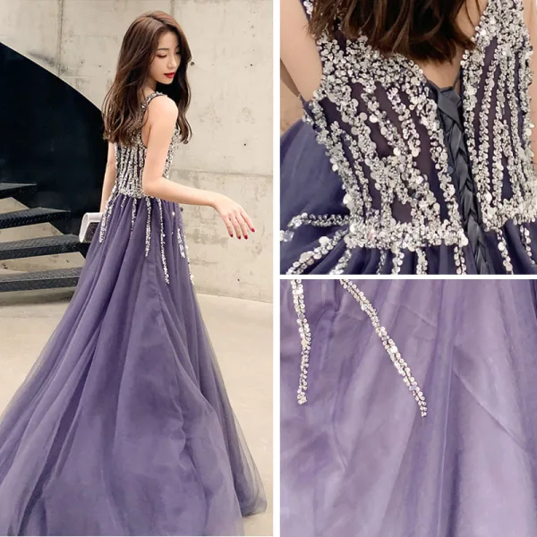 Charming Purple Evening Dresses 2020 A-Line / Princess V-Neck Beading Sequins Sleeveless Backless Floor-Length / Long Formal Dresses