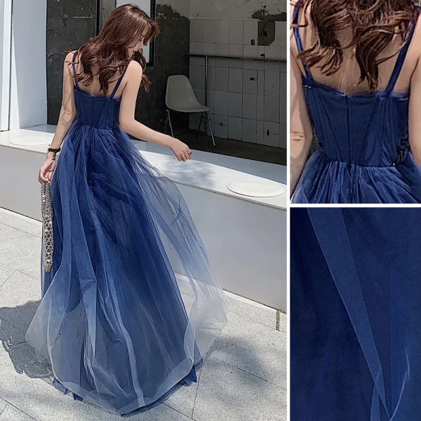 Chic / Belle Bleu Roi Robe De Soirée 2020 Princesse Bretelles Spaghetti Perlage Sans Manches Dos Nu Longue Robe De Ceremonie